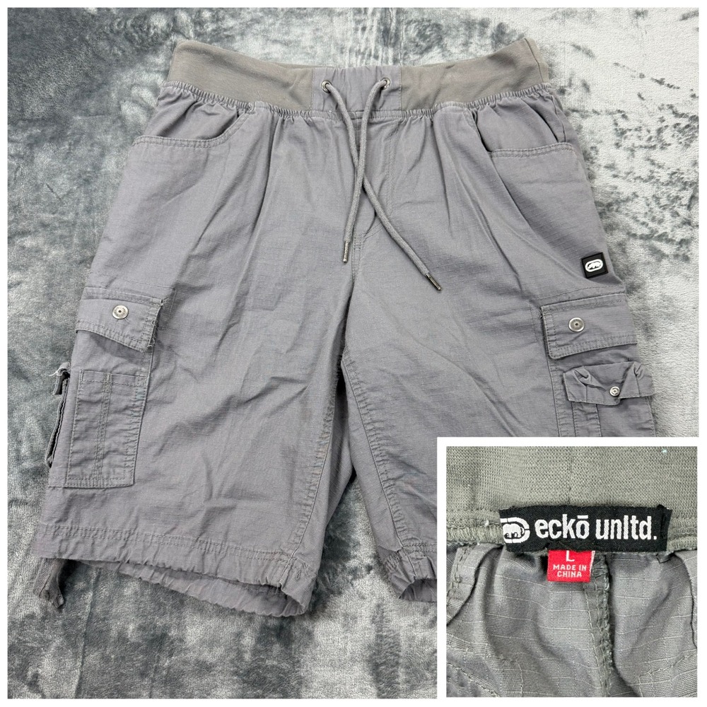 Ecko Unltd Mens Gray Ripstop‎ Cargo Shorts Elastic Waist Drawstring Size L W34